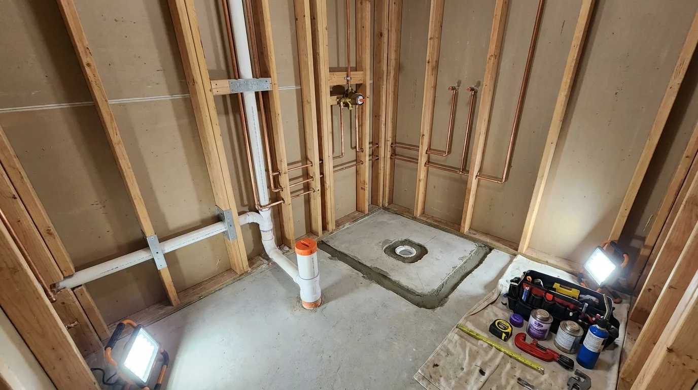 Bathroom rough-in plumbing during remodel by Johns Plumbing LLC in Rumson