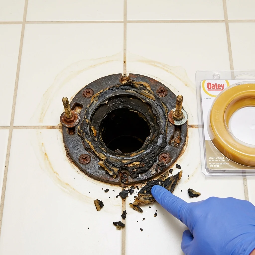 Failed wax ring showing water seepage at the base of a toilet in a Rumson, NJ home