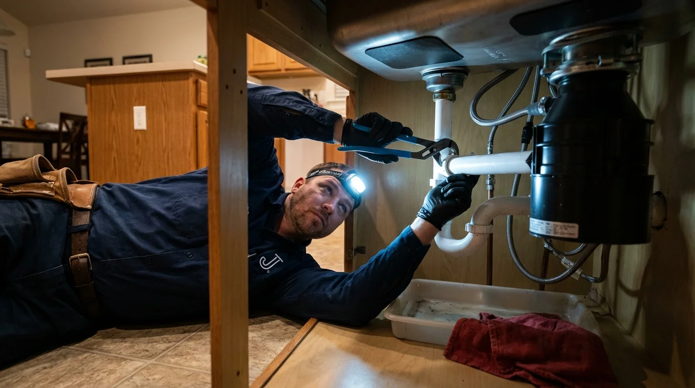 P-trap and supply line connections under a kitchen sink showing a common leak point in Rumson, NJ